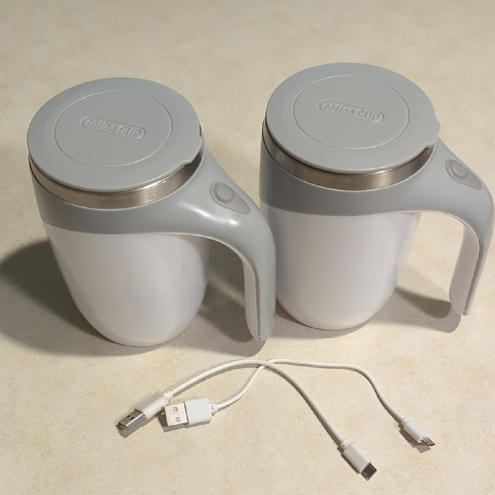 Set of Two White and Gray Coffee Cups with USB Cables